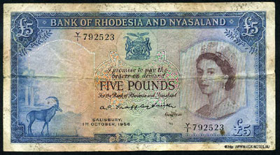    . Bank of Rhodesia and Nyasaland. Banknotes 1956-1961.