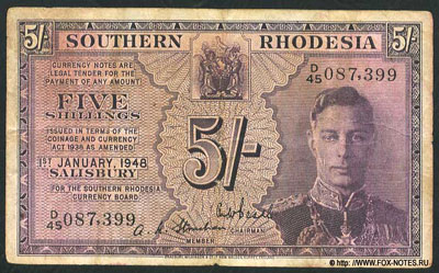 Souther Rhodesia Currency Board 5 shillings 1948