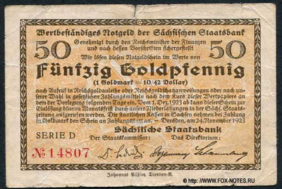 Sächsische Staatsbank, Dresden Wertbeständiges Notgeld 50 goldfennig