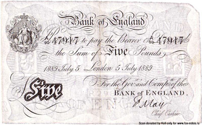Bank of England 5 pounds 1889