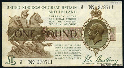 United Kingdom of Great Britain and Northern Ireland 1 pound 1917 Sign. John Bradbury 