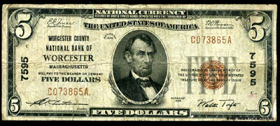 Worchester Country Nacional Bank of Worcester   5 dollars series 1929