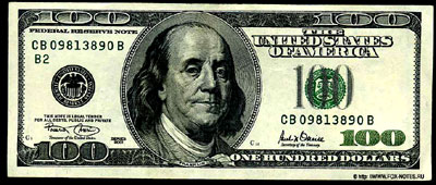 Federal Reserve Notes 100 dollars Series of 2001 Sign. Marin O'Neil