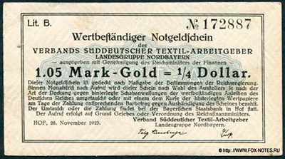 Verband Süddeutscher Textil-Arbeitgeber, Landesgruppe Nordbayern 1,05 Mark-Gold = 1/4 Dollar. 26. November 1923.