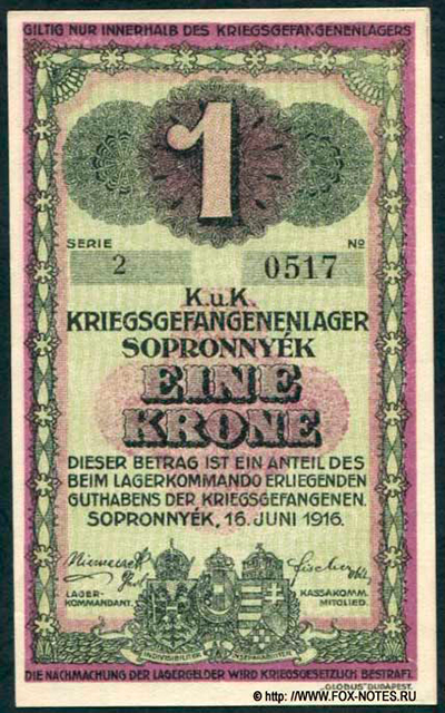 K. u K. Kriegsgefangenenlager Sopronnyék 1 Krone 1916