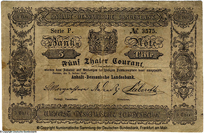 Anhalt-Dessauische Landesbank 5 Thaler Courant 1847
