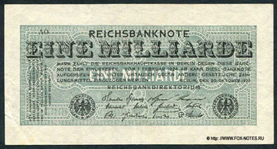 Reichsbank. Reichsbanknote. 1 Milliarde Mark. 20. Oktober 1923. 