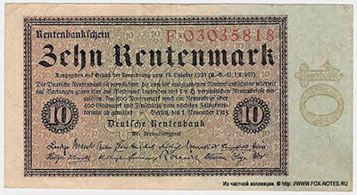 Deutschen Rentenbank. Rentenbankschein. 10 Rentenmark. 1. November 1923.  