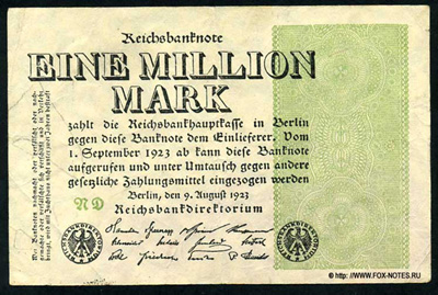 Reichsbank. Reichsbanknote. 1 Million Mark. 9. August 1923. ( 2) 