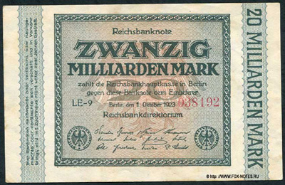 Reichsbank. Reichsbanknote. 20 Milliarden Mark. 1. Oktober 1923. 