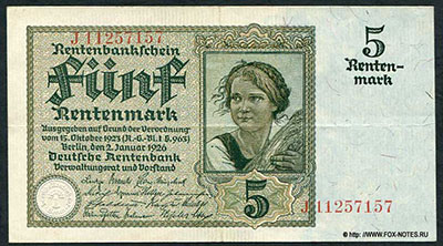 Rentenbankschein. 5 Rentenmark. 2. Januar 1926. 