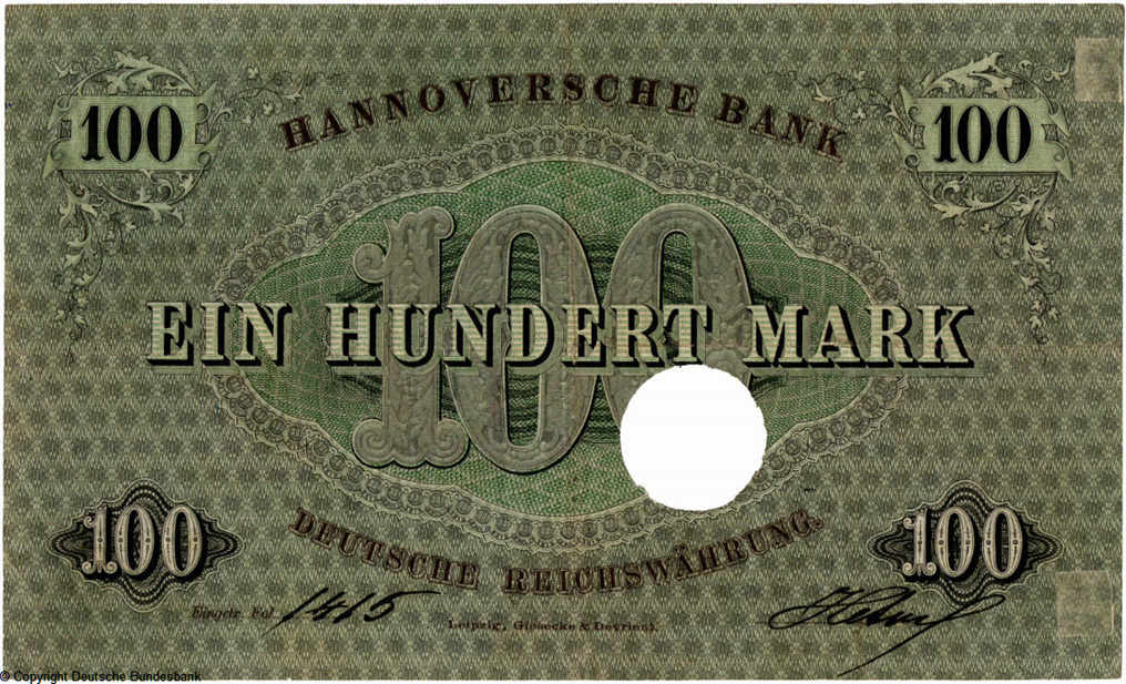Hannoversche Bank Banknote. 100 Mark. 1. Januar 1874.