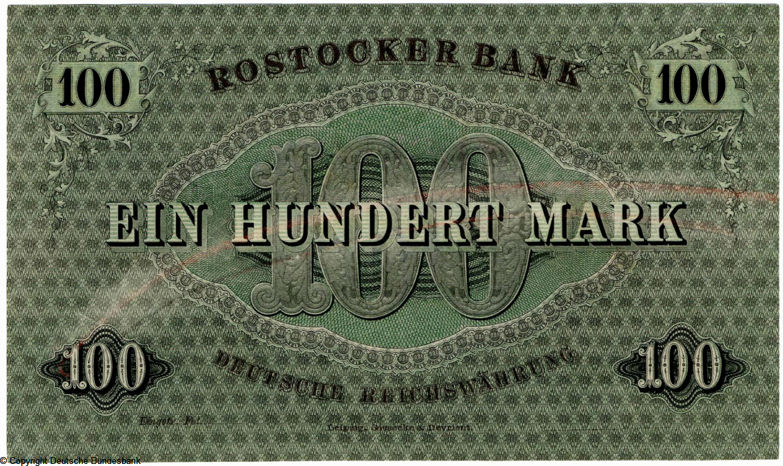 Rostocker Bank Banknote. 100 Mark. 1. Januar 1874.