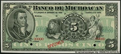 Banco de Michoacán. 5 Pesos 1903 SPECIMEN