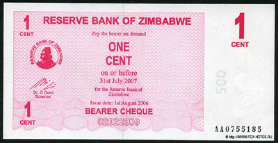 Reserve Bank of Zimbabve Beares check. 1 cent 2006.