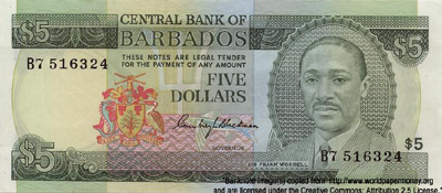 Central Bank of Barbados 5 Dollars 1973