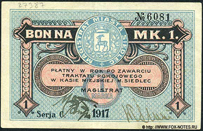 Magistrat Miasta Siedlec. Bon na 1 marka 1917.