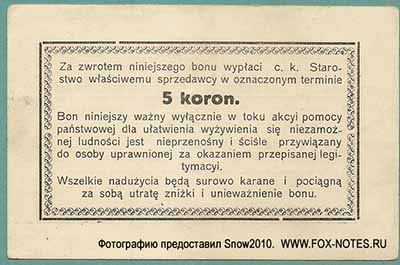  (Żydaczów). C.K. Starostwo w Żydaczowie. Bon na jedną pięć 5 koron. (1917-1918)