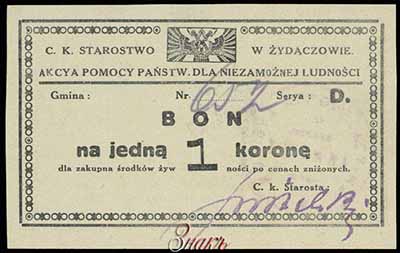 C.K. Starostwo w Żydaczowie. Bon na jedną 1 korone. 1917