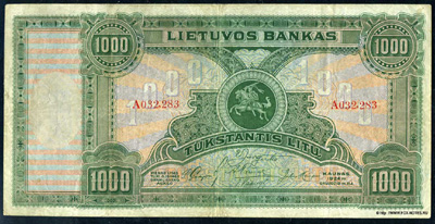 Lietuvos Banko banknotas. 1000 litų 1924. 