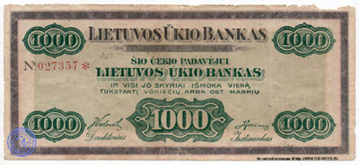 Lietuvos Ūkio Bankas. Cekio 1000 Ost Markių. (  1000 -)
