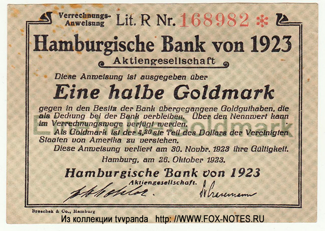 Hamburgische Bank von 1923 Aktiengesellschaft Ein halbe Goldmark