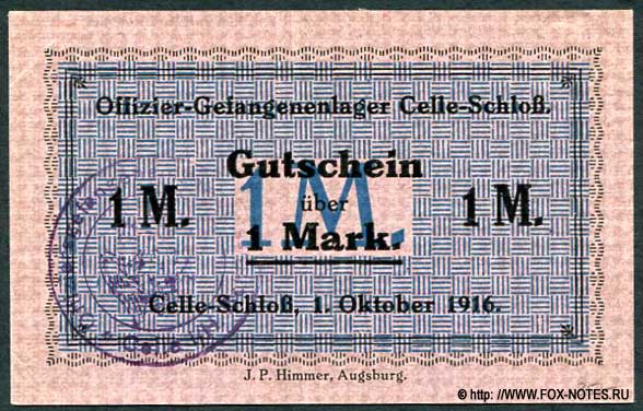 Offizier-Gefangenenlage Celle-Schloß. Gutschein. 1 Mark. 1916.