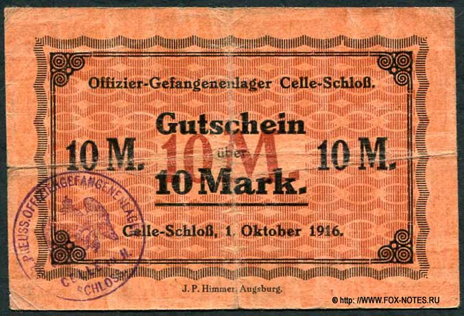Offizier-Gefangenenlage Celle-Schloß. Gutschein. 10 Mark. 1916.