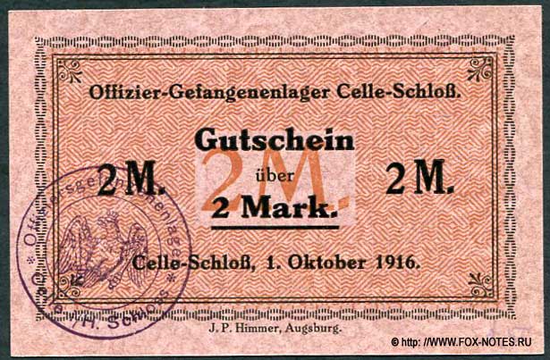 Offizier-Gefangenenlage Celle-Schloß. Gutschein. 2 Mark. 1916.