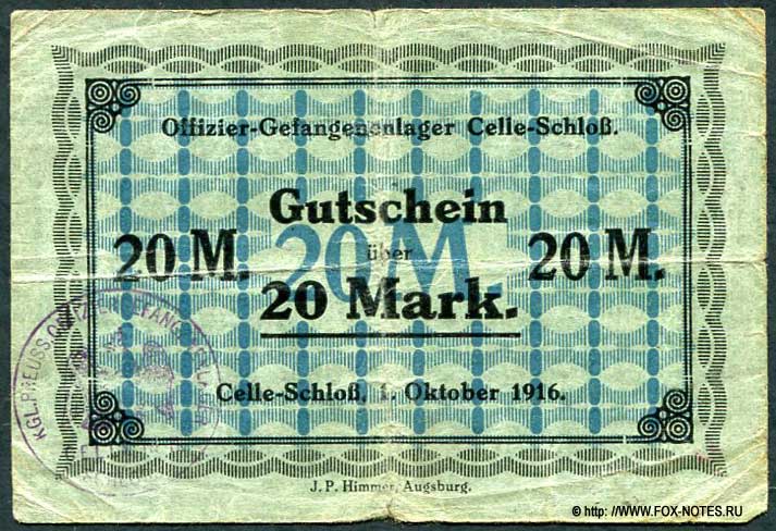 Offizier-Gefangenenlage Celle-Schloß. Gutschein. 20 Mark. 1916.