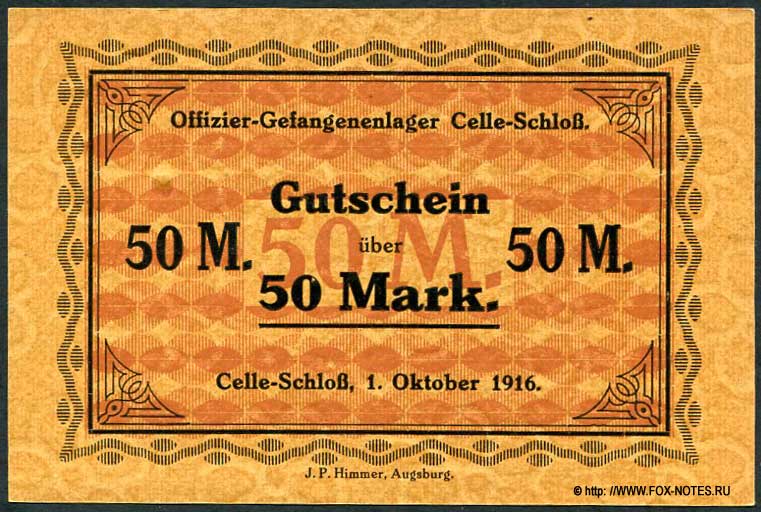 Offizier-Gefangenenlage Celle-Schloß. Gutschein. 50 Mark. 1916.
