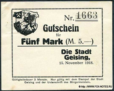 Stadt Geising 5 Mark 1918