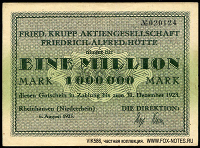 Friedrich Krupp Aktiengesellschaft. Friedrich-Alfred-Hütte. 1000000 Mark 1923