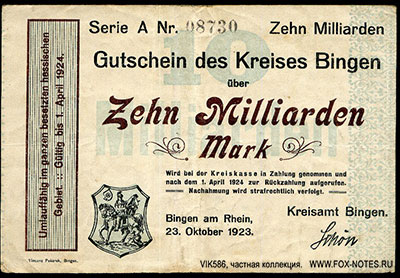 Gutschein des Kreises Bingen. 23. Oktober 1923. 