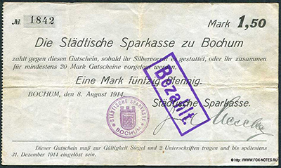 Städtische Sparkasse zu Bochum 1 Mark 50 Pfennig 1914