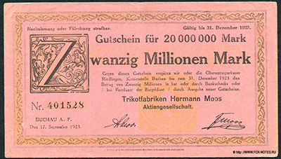 Trikotfabriken Hermann Moos AG 20 Millionen Mark 1923