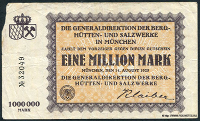 Generaldirektion der Berg-, Hütten-​ und Salzwerke in München 1 Million Mark 1923