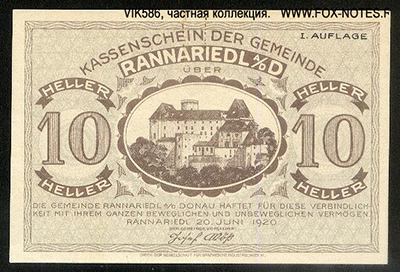 Kassenschein der Gemeinde Rannaried 10 Heller 1920.