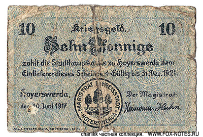 Kreisstadt Hoyerswerda Schein. 10 Pfennig. 10. Juni 1917. 