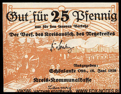 Kreis=Kommunalkasse Schönlanke 25 Pfennig. 1920