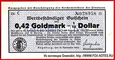 Stadt Augsburg. 0,42 Goldmark = 1/10 Dollar. 1923.