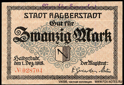 Stadt Halberstadt 20 Mark 1918