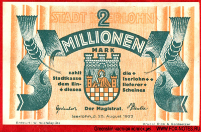 Stadt Iserlohn 2 Millionen Mark 1923