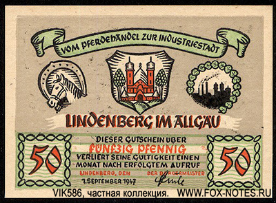 Stadt Lindenberg im Allgäu 50 Pfennig. 1947.