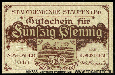 Stadtgemeinde Staufen im Breisgau 50 Pfennig 1918