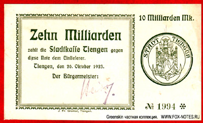 Stadtgkasse Tiengen 10 Milliarden Mark 1923
