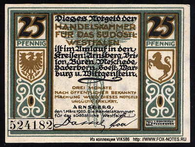 Handelskammer für das südöstliche Westfalen, Arnsberg 25 Pfennig 1920