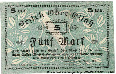 Bezirk Ober-Elsaß, Colmar 5 Mark 1918