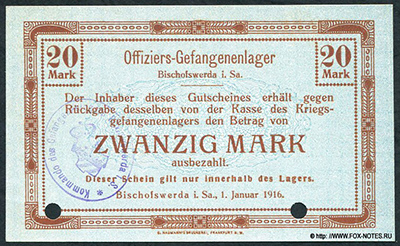 Offizier - Gefangenenlager Bischofswerda i. Sa. 20 Mark 1916