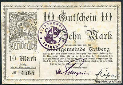 Kriegsgeld der Stadt Triberg im Schwarzwald. 10 Mark. 1918.